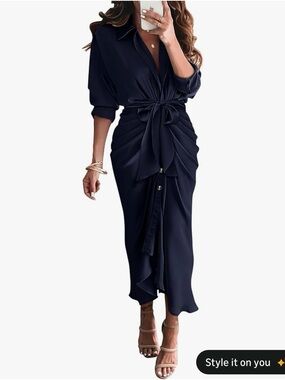 Elegant Navy Tie-Waist Maxi Dress for Women